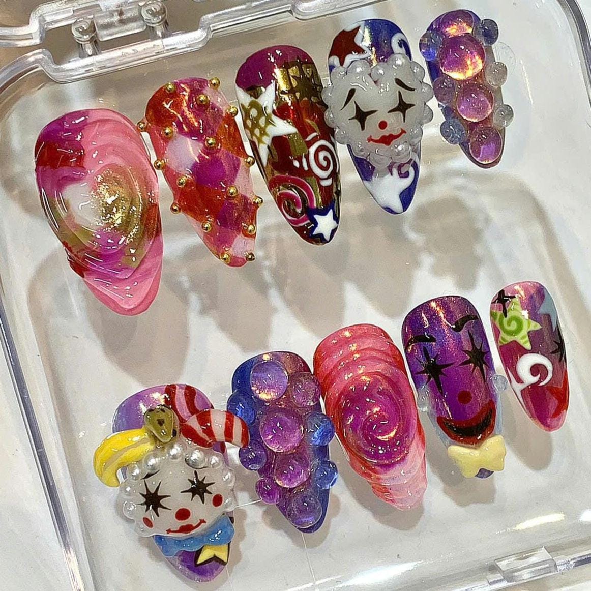 3D Clown Press On Nails: Handmade Harlequin Circus Nail Art
