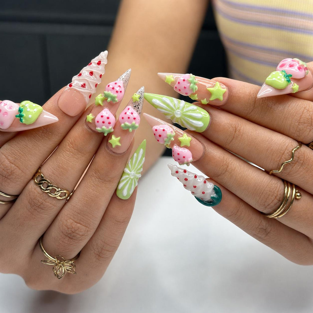 Kawaii Strawberry Press On Nails | Handmade Fruit Nails, Green Bow Nails, Y2K Cute Nails, Salon Quality Reusable Nailsr  | JB432LG
