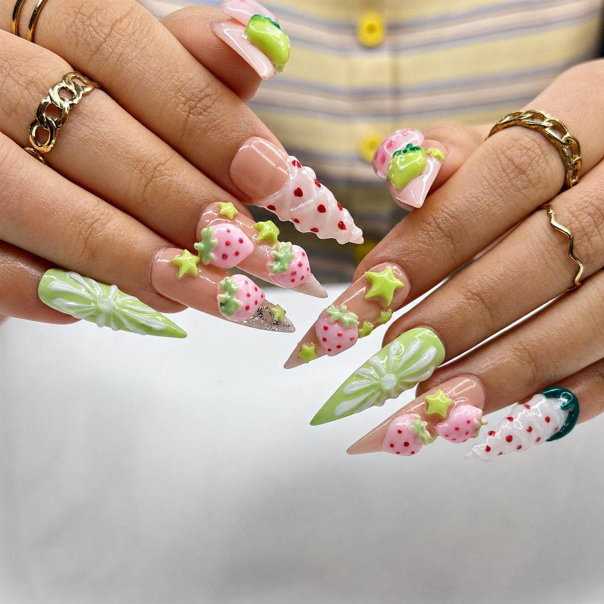 Kawaii Strawberry Press On Nails | Handmade Fruit Nails, Green Bow Nails, Y2K Cute Nails, Salon Quality Reusable Nailsr  | JB432LG
