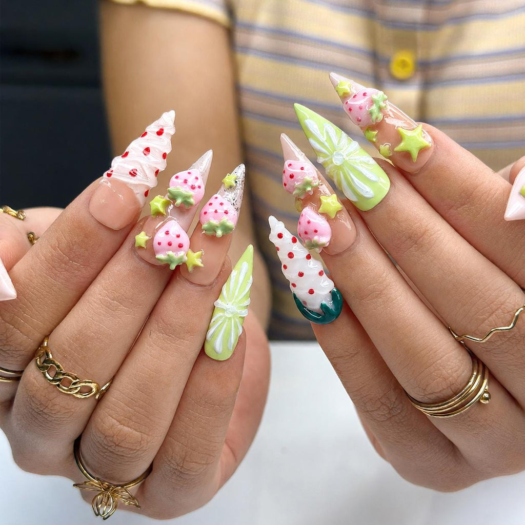 Kawaii Strawberry Press On Nails | Handmade Fruit Nails, Green Bow Nails, Y2K Cute Nails, Salon Quality Reusable Nailsr  | JB432LG