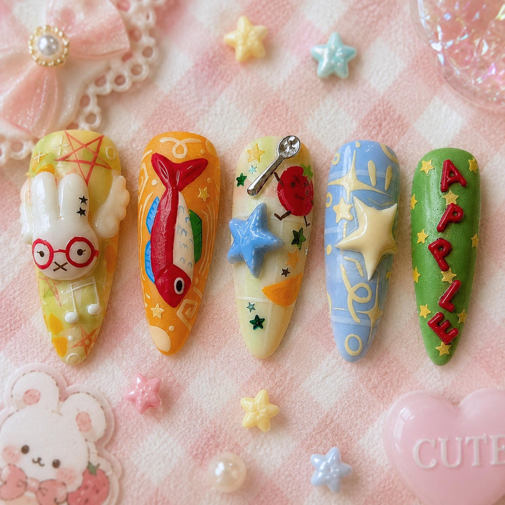 Kawaii Whimsical Press On Nails, Colorful 3D Cartoon Nail Set, Handmade Playful Cartoon Nails