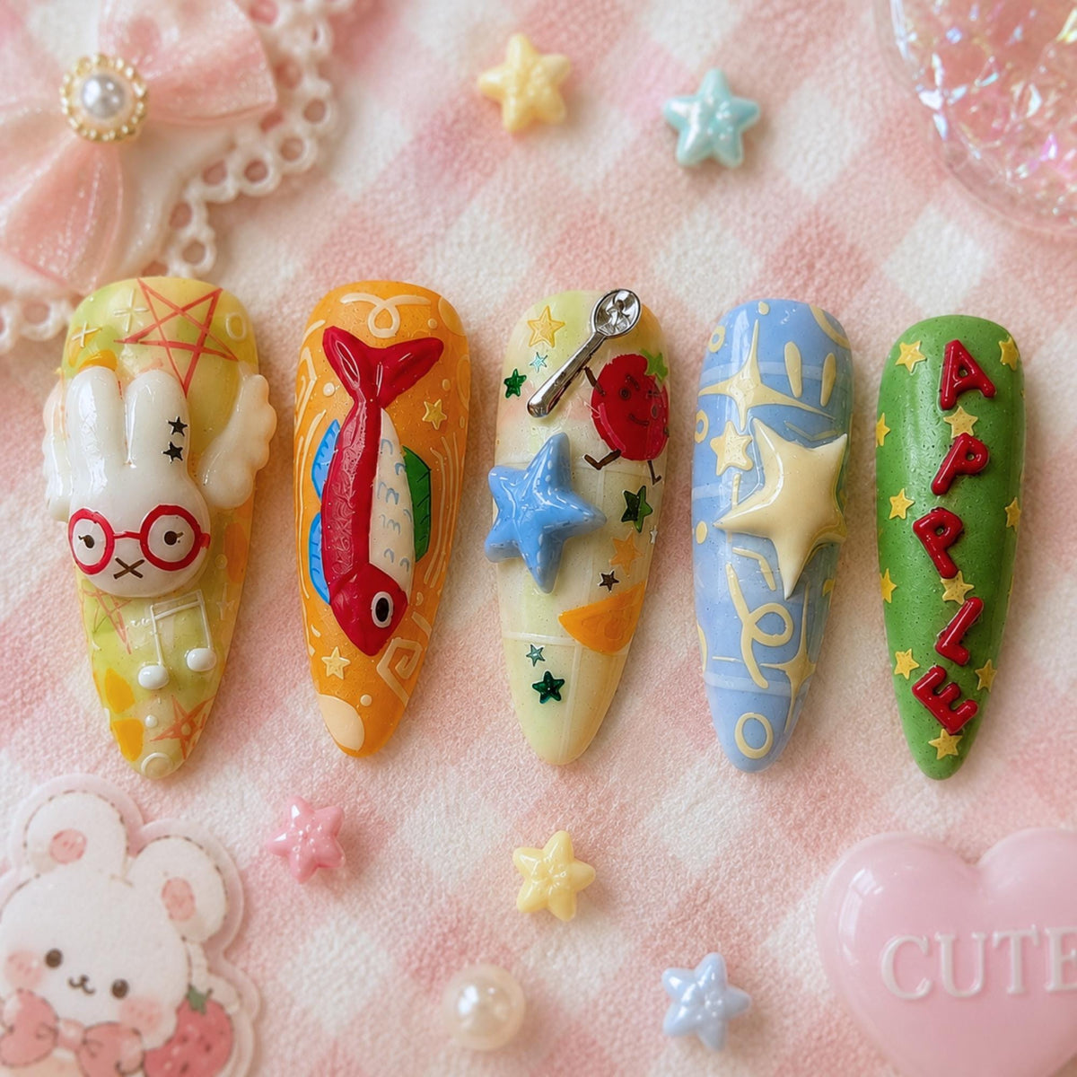 Kawaii Whimsical Press On Nails, Colorful 3D Cartoon Nail Set, Handmade Playful Cartoon Nails