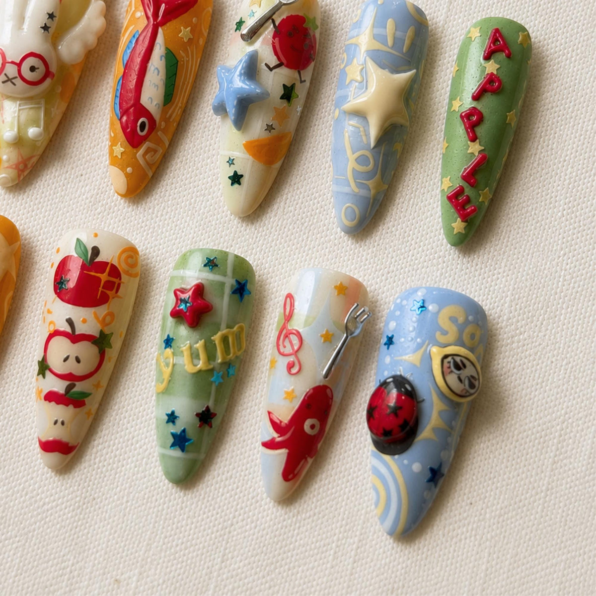 Kawaii Whimsical Press On Nails, Colorful 3D Cartoon Nail Set, Handmade Playful Cartoon Nails