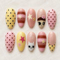 Kawaii Polka Dot Press On Nails, Pastel Cat Cartoon Nail Art