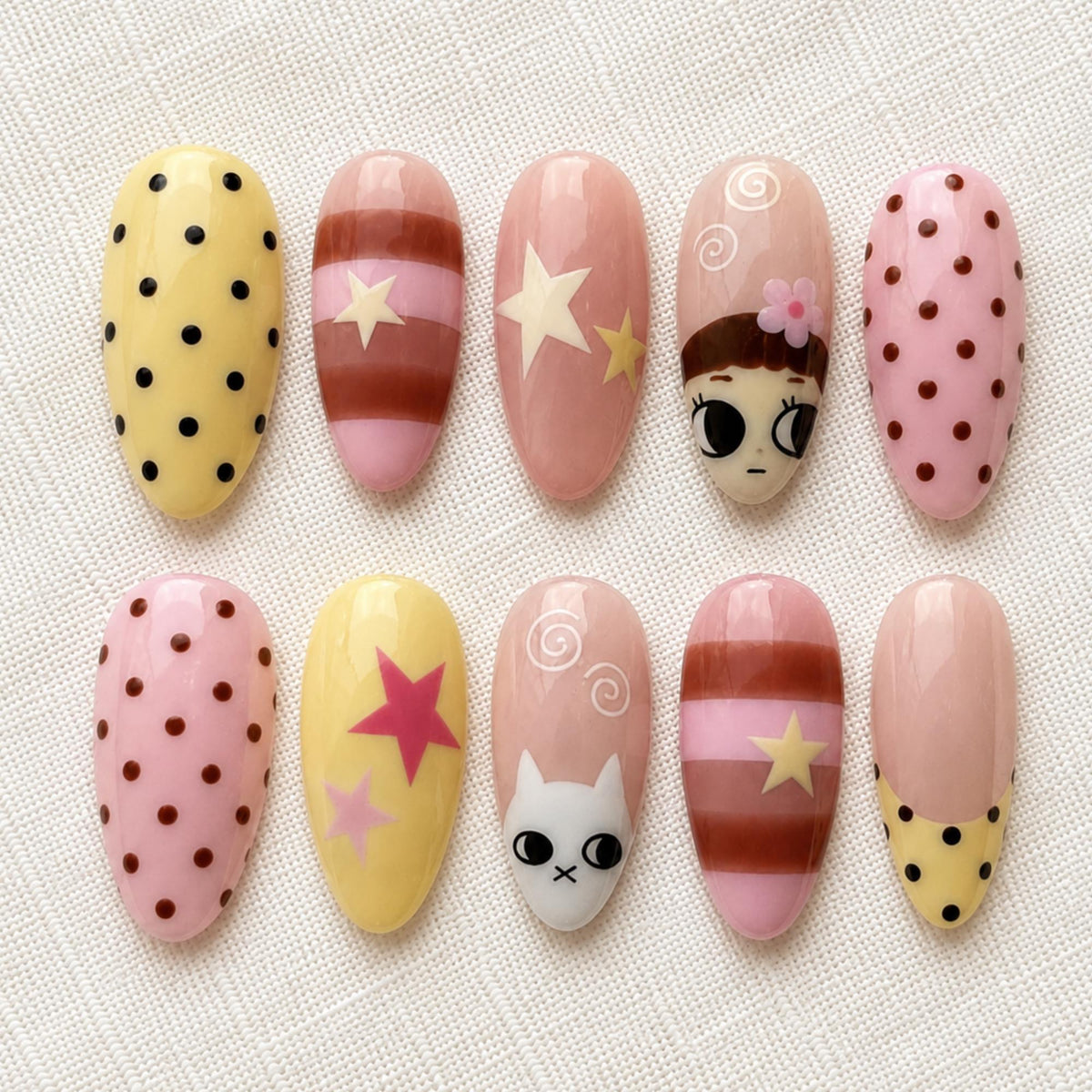 Kawaii Polka Dot Press On Nails, Pastel Cat Cartoon Nail Art