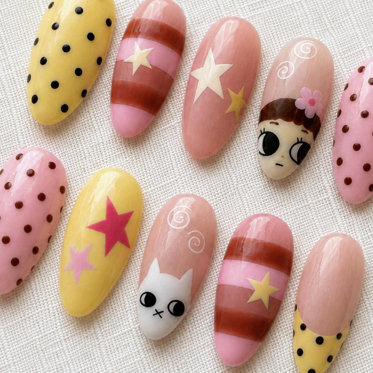 Pastel Cat Cartoon Nail Art, Kawaii Polka Dot Press On Nails