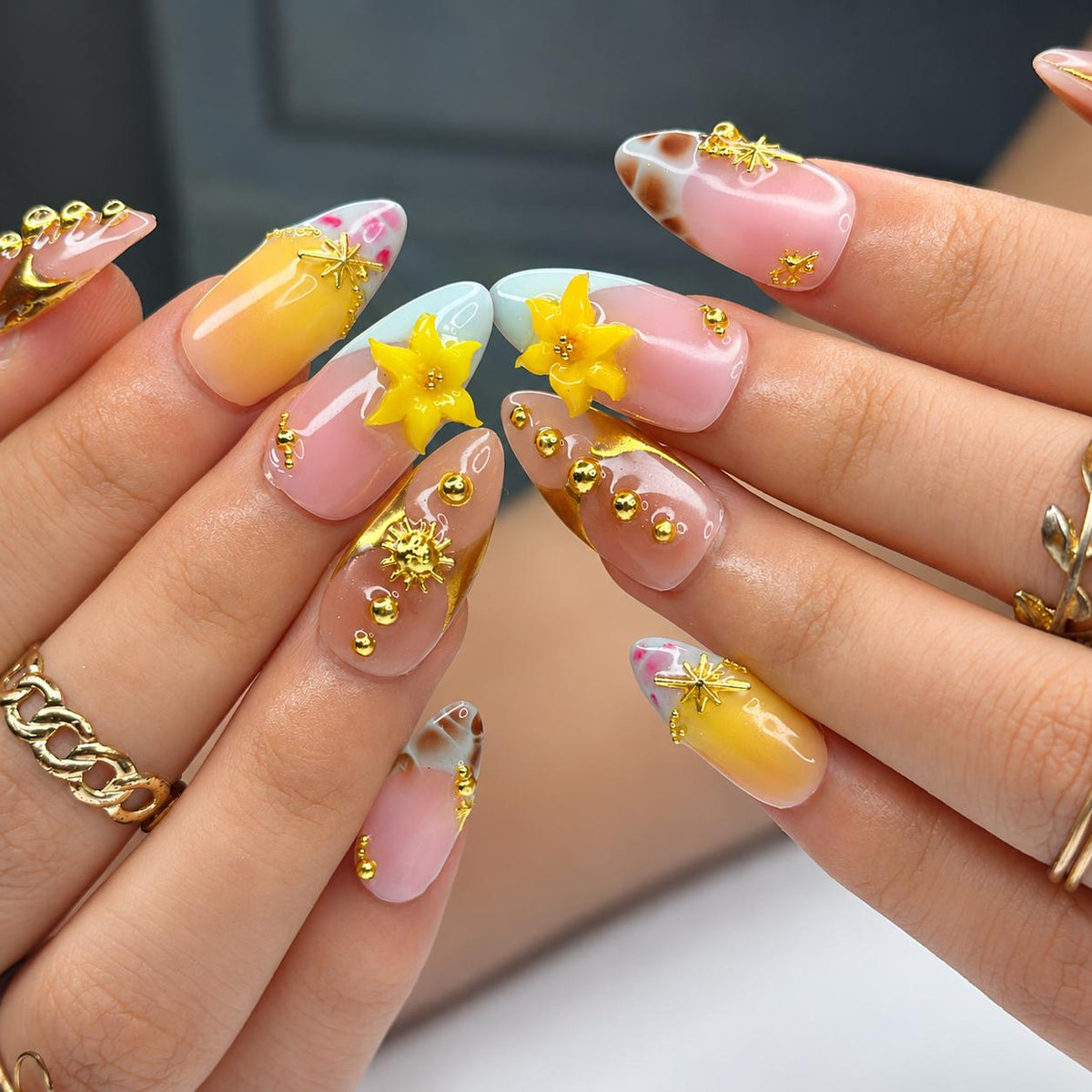 Summer Flower Press On Nails | Tropical Beach Nails, 3D Lily Nail Art, Gold Accent Handmade Nails for Vacation | JB434LG