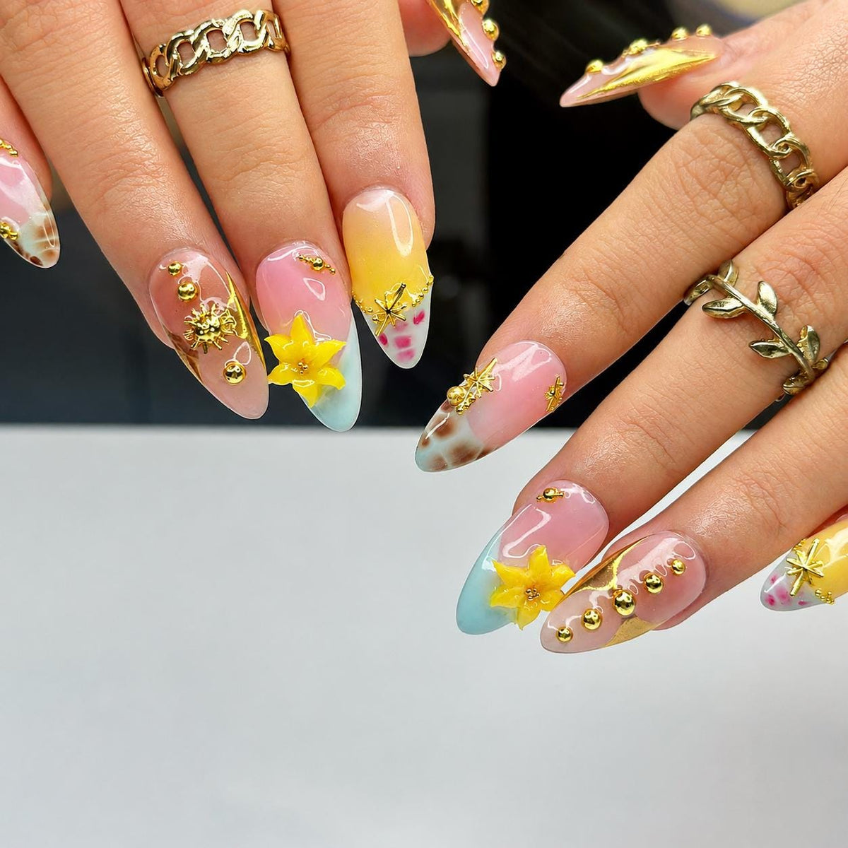 Summer Flower Press On Nails | Tropical Beach Nails, 3D Lily Nail Art, Gold Accent Handmade Nails for Vacation | JB434LG