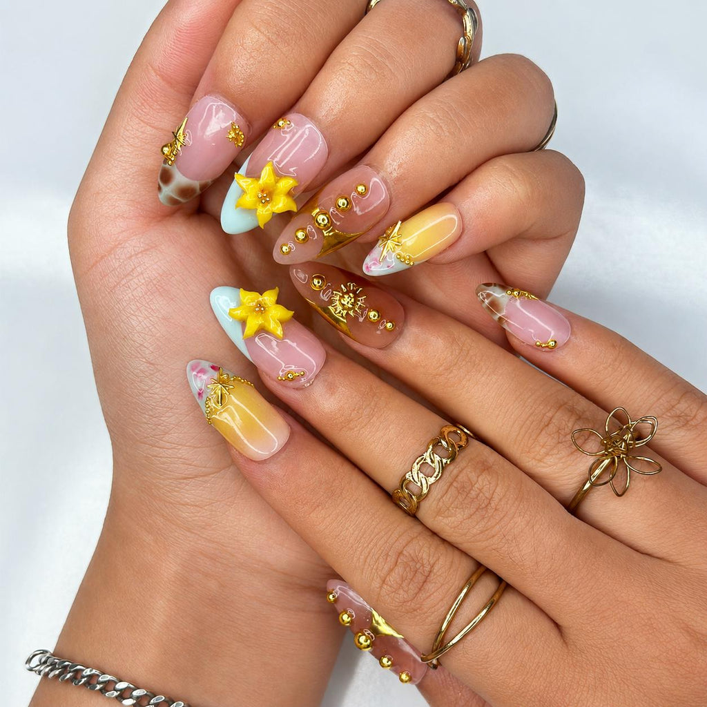 Summer Flower Press On Nails | Tropical Beach Nails, 3D Lily Nail Art, Gold Accent Handmade Nails for Vacation | JB434LG