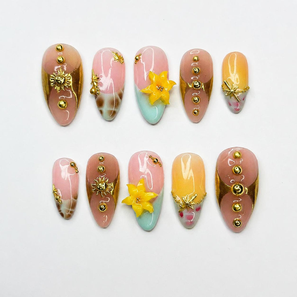 Summer Flower Press On Nails | Tropical Beach Nails, 3D Lily Nail Art, Gold Accent Handmade Nails for Vacation | JB434LG
