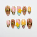 Summer Flower Press On Nails | Tropical Beach Nails, 3D Lily Nail Art, Gold Accent Handmade Nails for Vacation | JB434LG