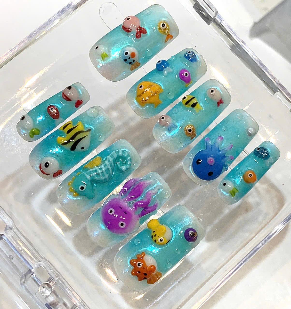 Ocean Themed Press On Nails, 3D Sea Creatures, Mermaid Beach Summer Set