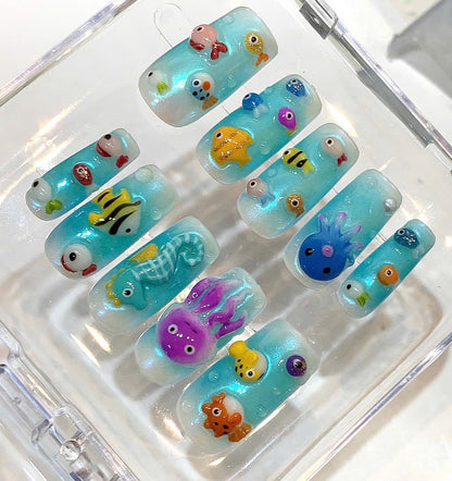 Ocean Themed Press On Nails, 3D Sea Creatures, Mermaid Beach Summer Set