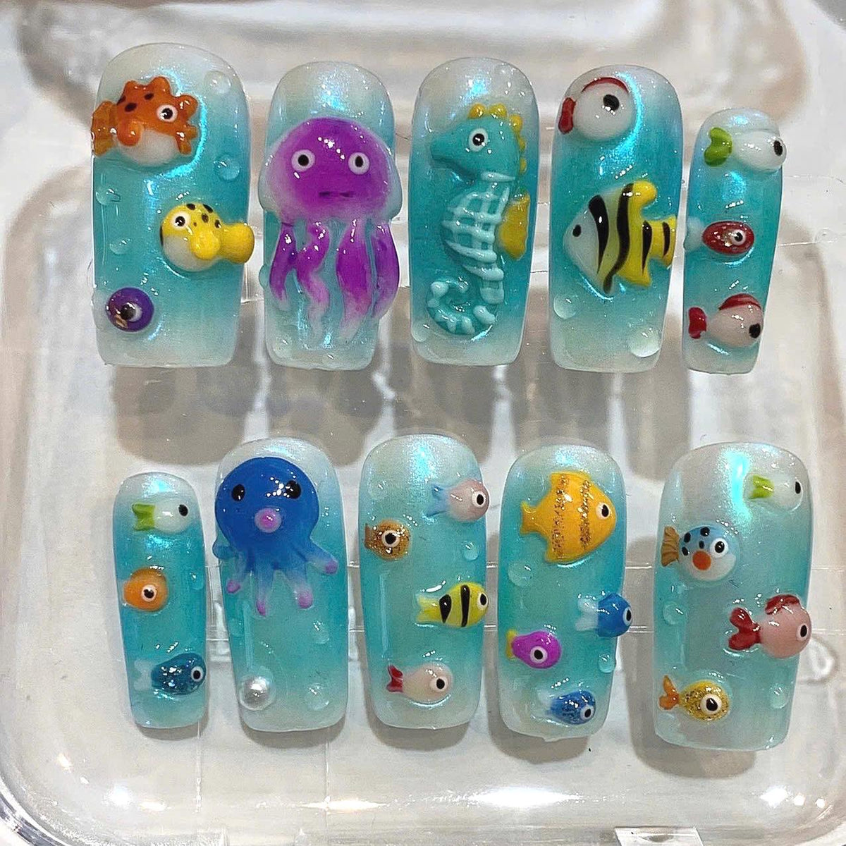 Ocean Themed Press On Nails, 3D Sea Creatures, Mermaid Beach Summer Set