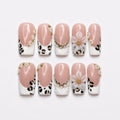 Luxury Leopard Press On Nails | Pearl Flower Nude Nail Set | Elegant French Tip Nails |  Quiet Luxury Animal Print Nails | JC450J