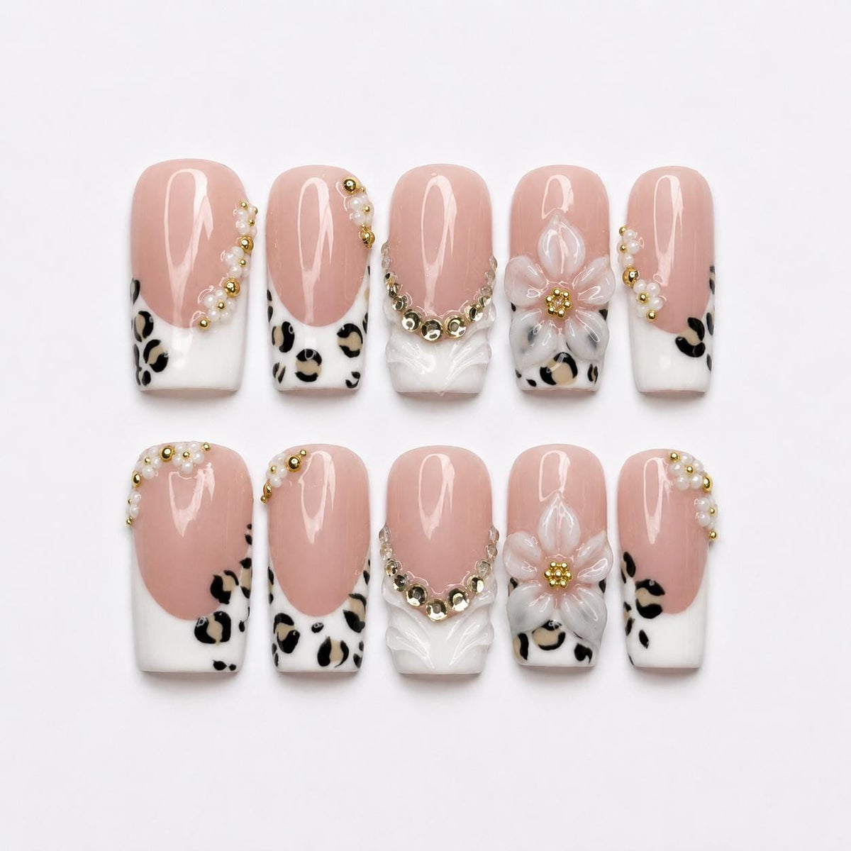Luxury Leopard Press On Nails | Pearl Flower Nude Nail Set | Elegant French Tip Nails |  Quiet Luxury Animal Print Nails | JC450J