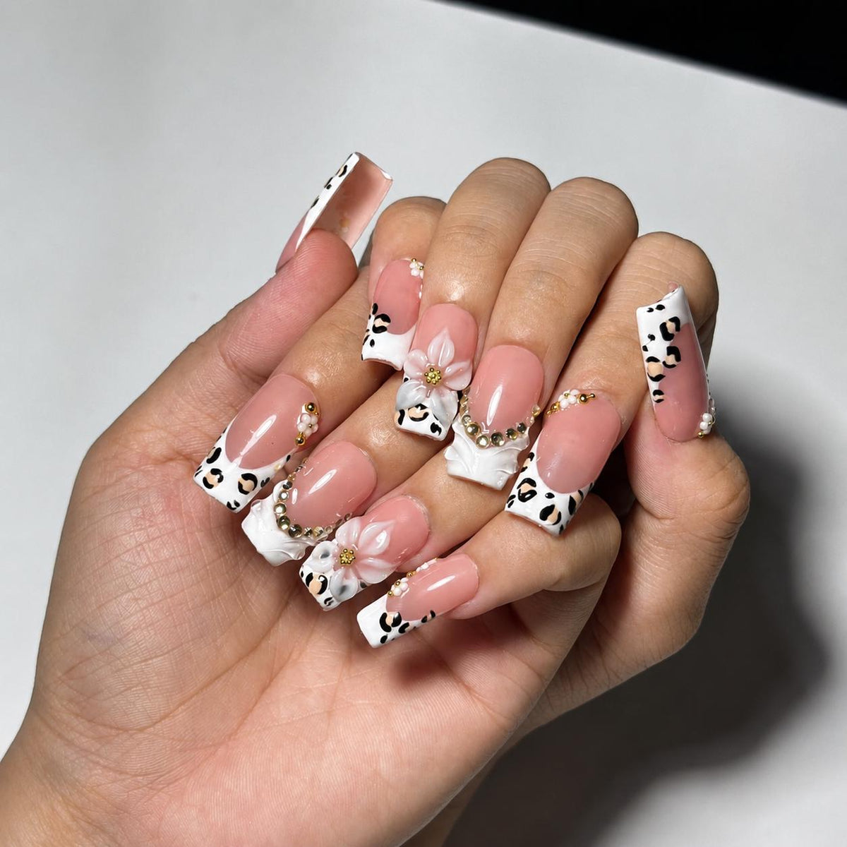 Luxury Leopard Press On Nails | Pearl Flower Nude Nail Set | Elegant French Tip Nails |  Quiet Luxury Animal Print Nails | JC450J