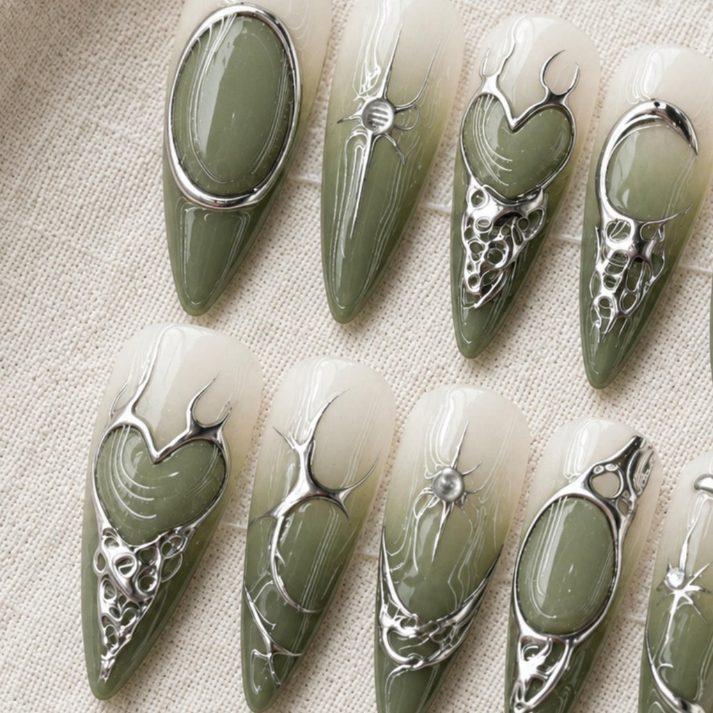 Sage Green Chrome Press On Nails, Gothic Heart Cyber Nails, Futuristic Nail Art