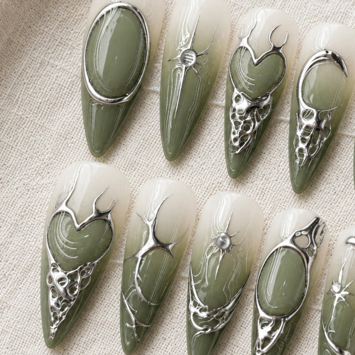 Sage Green Chrome Press On Nails, Gothic Heart Cyber Nails, Futuristic Nail Art