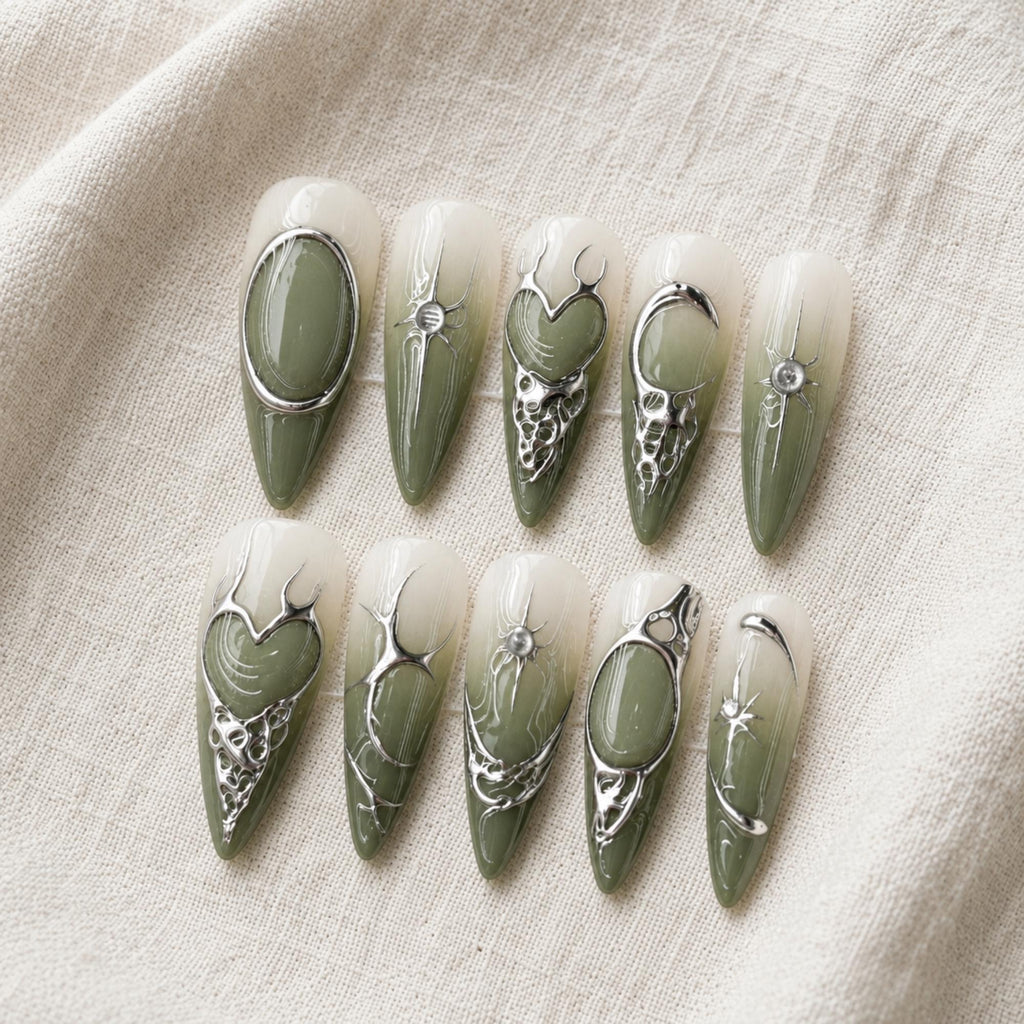 Sage Green Chrome Press On Nails, Gothic Heart Cyber Nails, Futuristic Nail Art