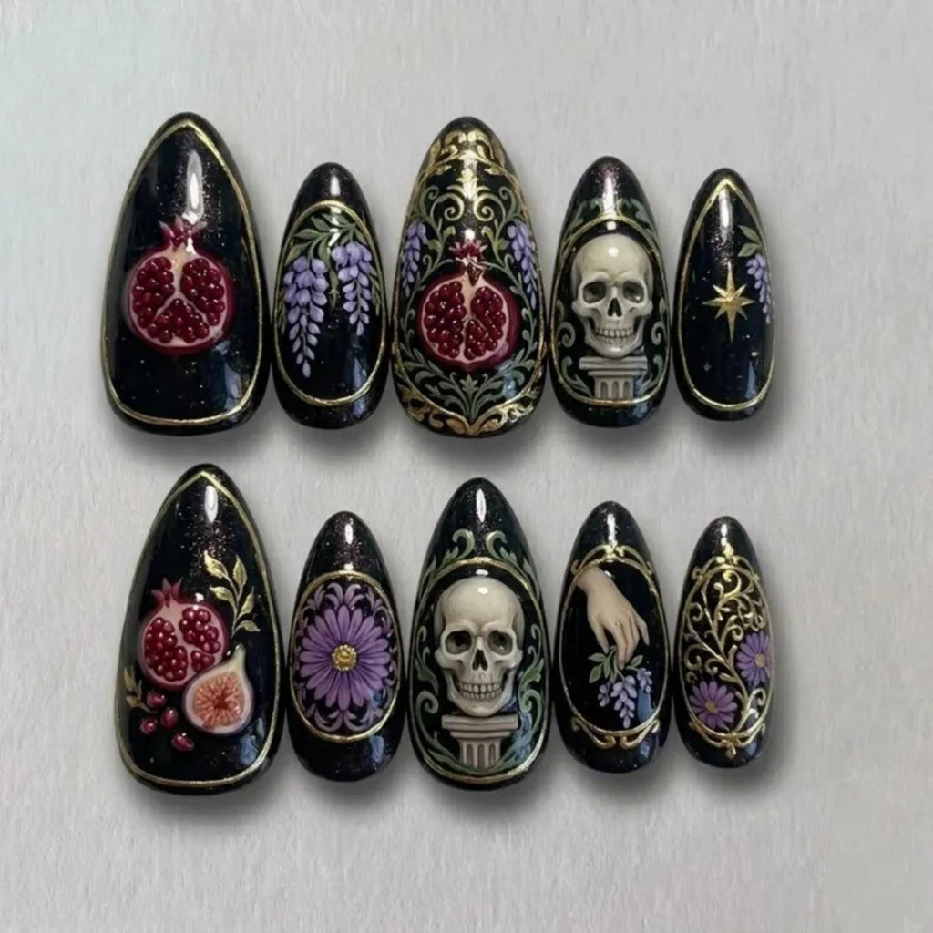 Gothic Pomegranate Press On Nails | Skull & Fig Dark Academia Fake Nails | Black Gold Baroque Stiletto Nails | Handmade Dark Romance Set