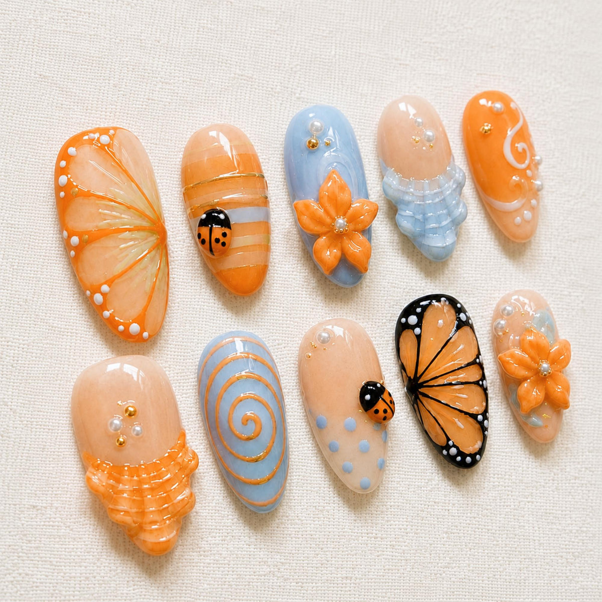 3D Butterfly Wings Summer Nail Art Orange Blue Floral Press On Nails
