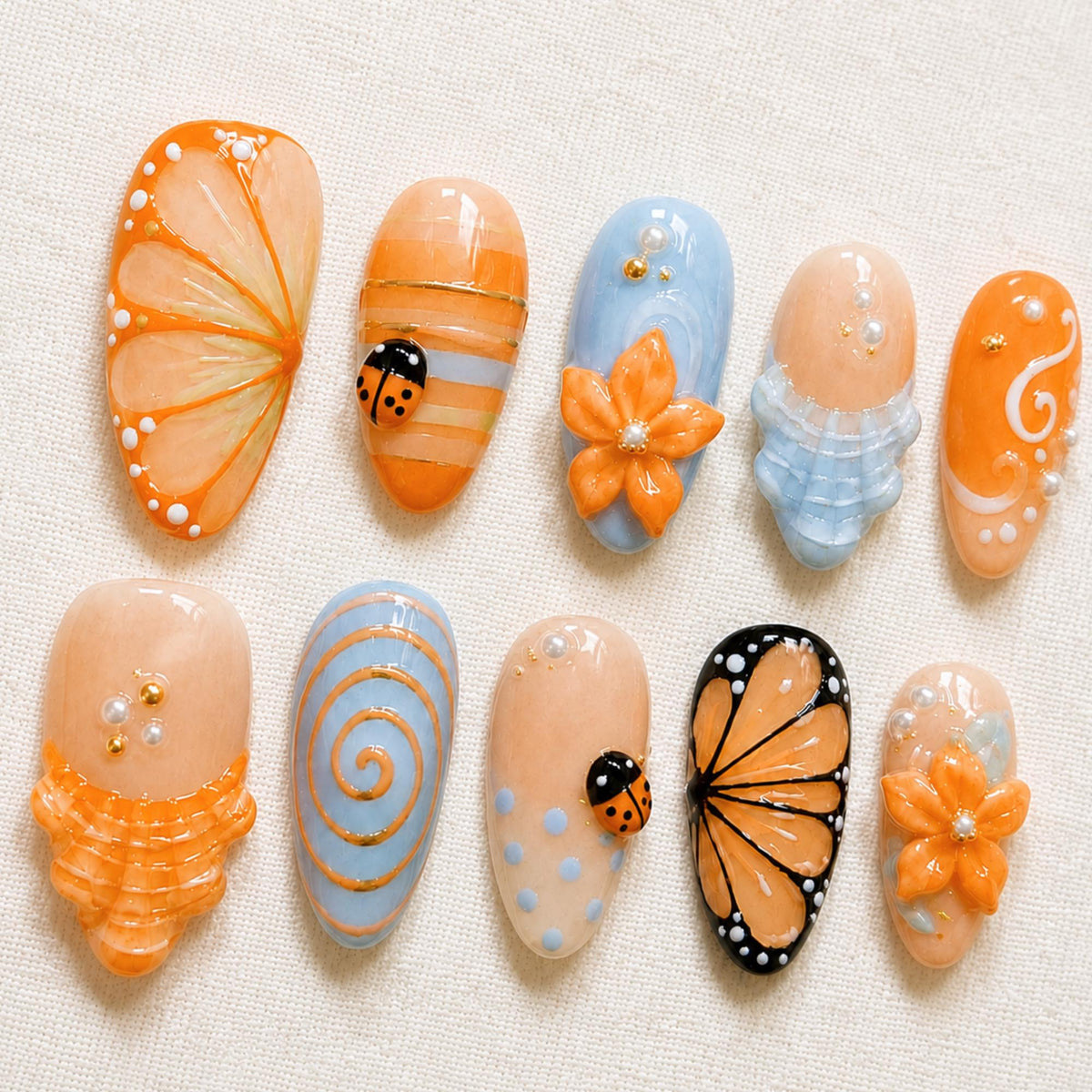 3D Butterfly Wings Summer Nail Art Orange Blue Floral Press On Nails
