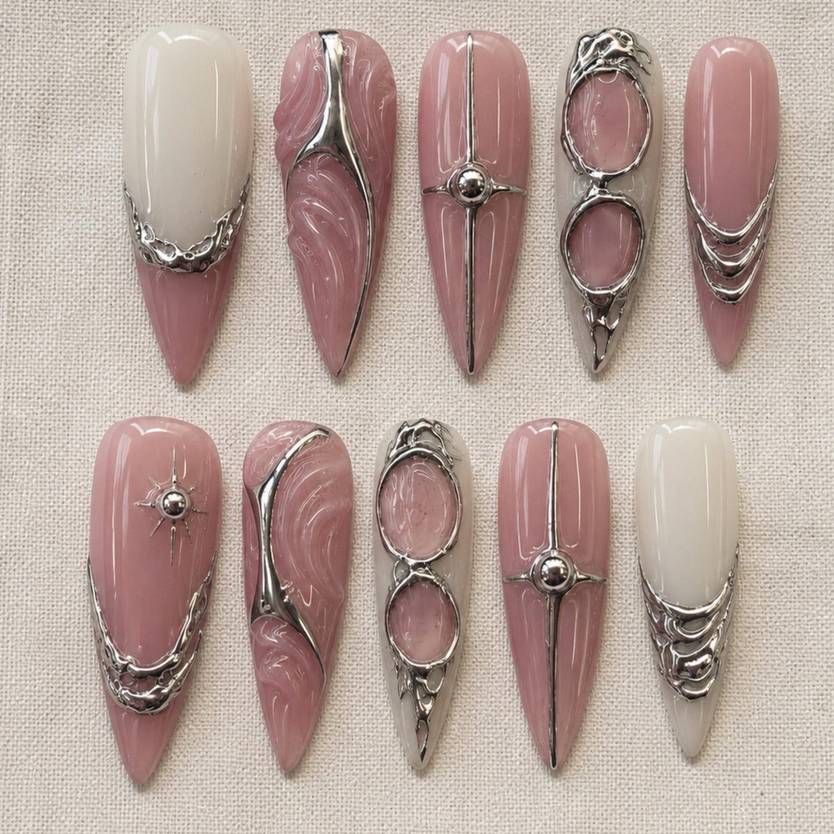 Silver Chrome Press On Nails, Pink Futuristic Cyber Nail Art