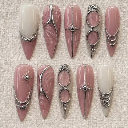 Silver Chrome Press On Nails, Pink Futuristic Cyber Nail Art