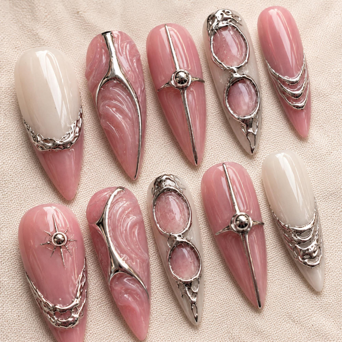 Silver Chrome Press On Nails, Pink Futuristic Cyber Nail Art