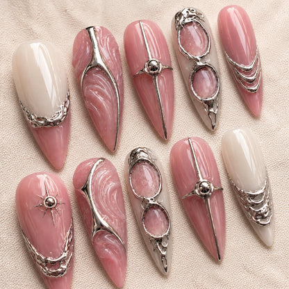 Silver Chrome Press On Nails, Pink Futuristic Cyber Nail Art