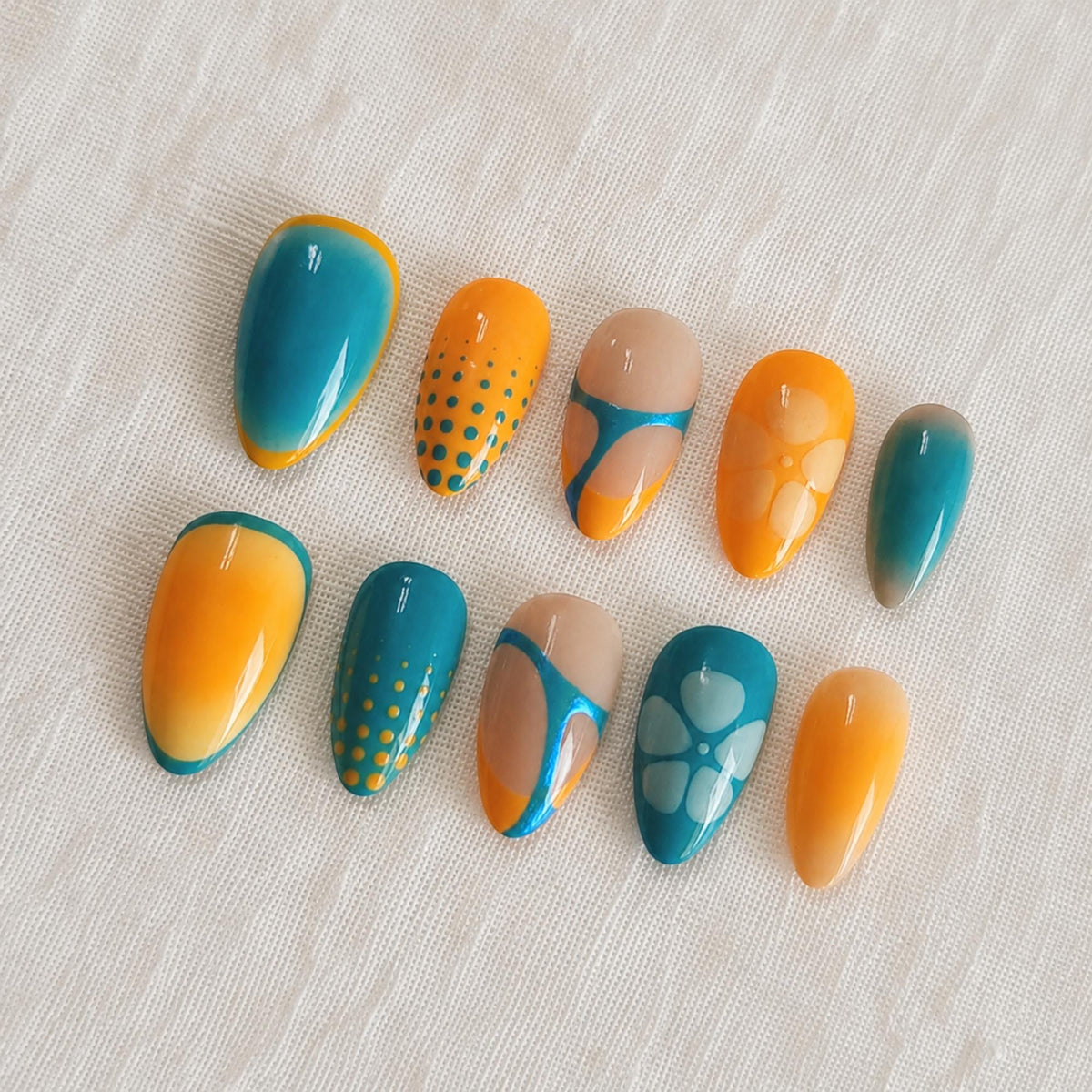 Airbrush Summer Press On Nails, Orange Blue Flower Design