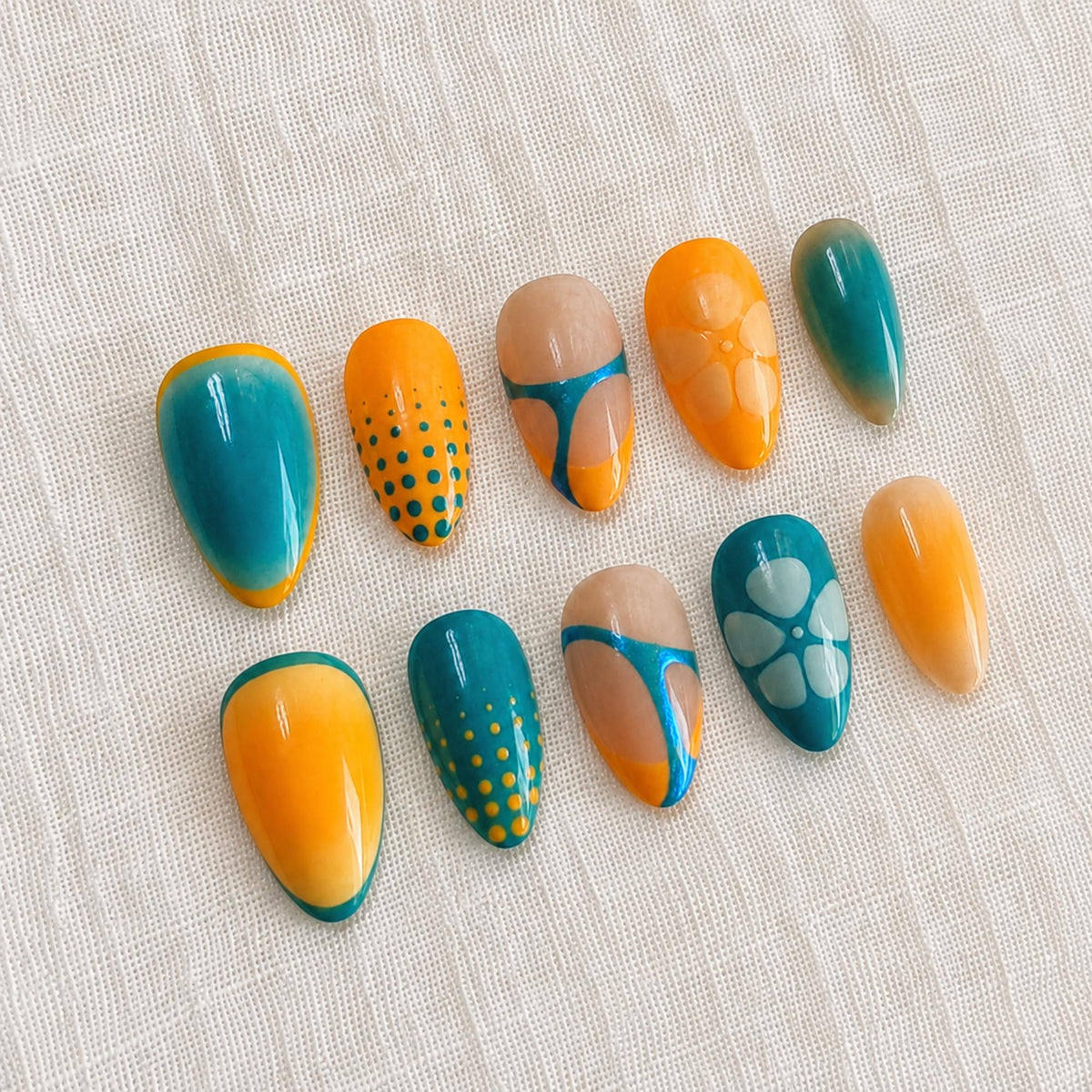 Airbrush Summer Press On Nails, Orange Blue Flower Design