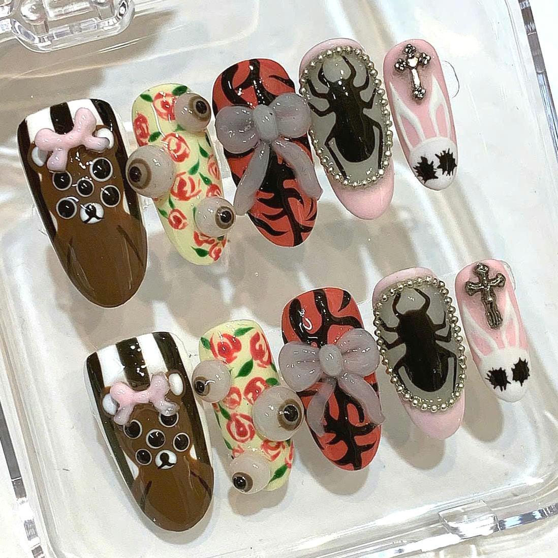Horror Press On Nails, Halloween False Nails, Spider, Bunny, Bear, Eyeball, Bow