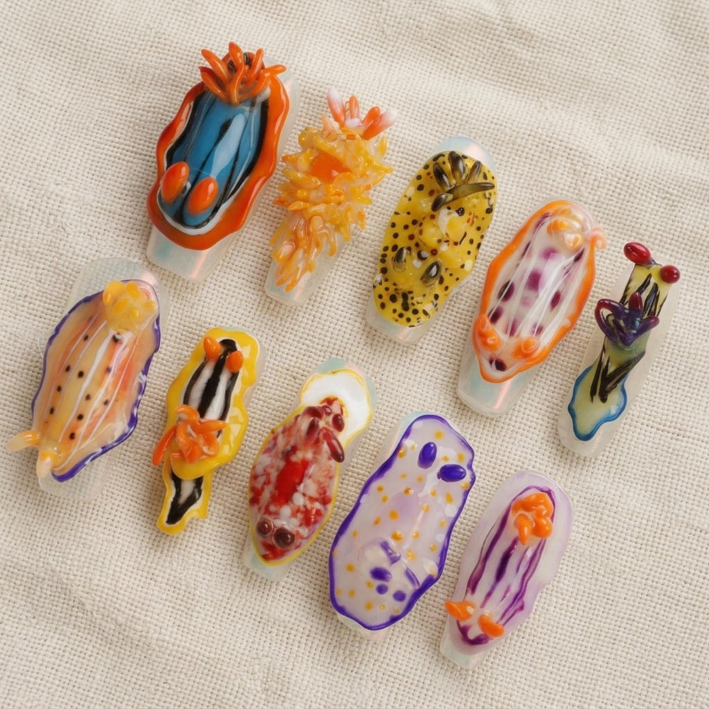 3D Nudibranch Press On Nails, Ocean Creature Handmade Nail Set, Marine Life Nails, Sea Slug Nail Design
