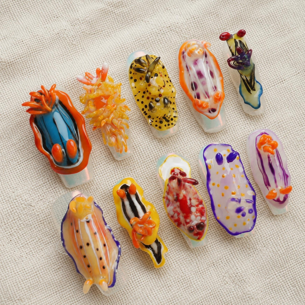 3D Nudibranch Press On Nails, Ocean Creature Handmade Nail Set, Marine Life Nails, Sea Slug Nail Design