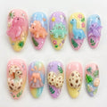 3D Kawaii Baby Dinosaur Press On Nails | Sweet Pastel Almond Nails | Colorful Ombre Rhinestone Nails | 3D Sculpted Acrylic Charm Nails