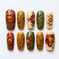 Boho Folk Floral Press On Nails | Retro Autumn Short Square Nails | Glossy Gold Swirl Pattern Nails | Detailed Hand painted Art Nails