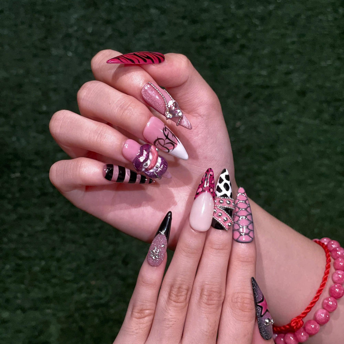 Y2K Pink Black Press On Nails • Coquette Baddie Nail Set • Zebra Web Star Glam Nails • Handmade 3D Statement Nails • JB436UG