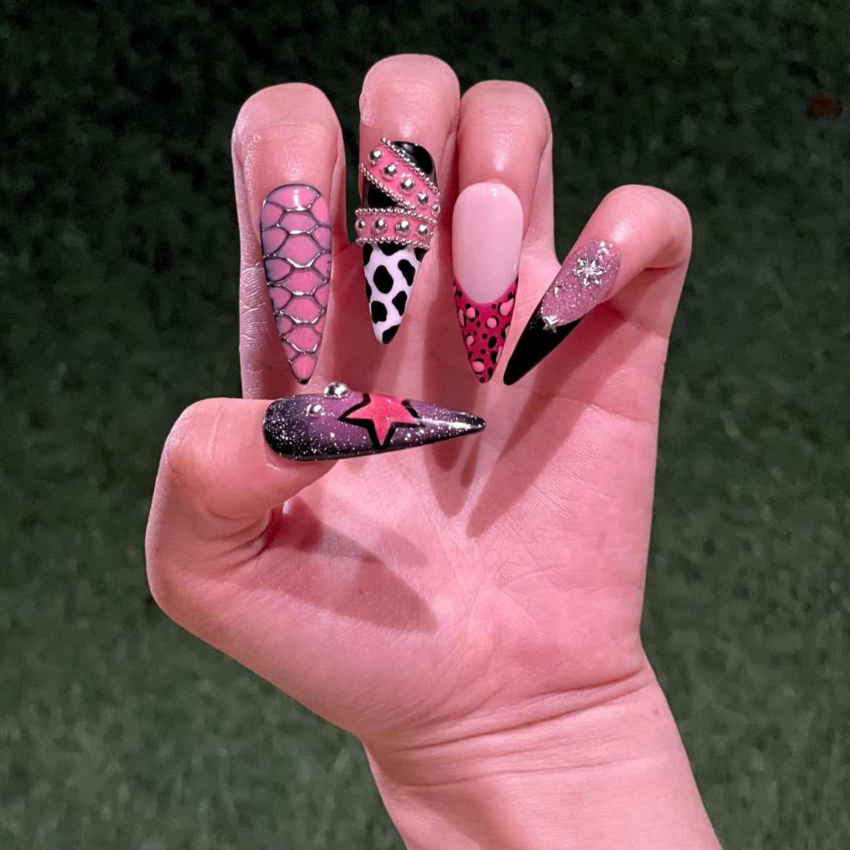Y2K Pink Black Press On Nails • Coquette Baddie Nail Set • Zebra Web Star Glam Nails • Handmade 3D Statement Nails • JB436UG