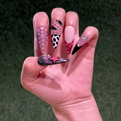 Y2K Pink Black Press On Nails • Coquette Baddie Nail Set • Zebra Web Star Glam Nails • Handmade 3D Statement Nails • JB436UG
