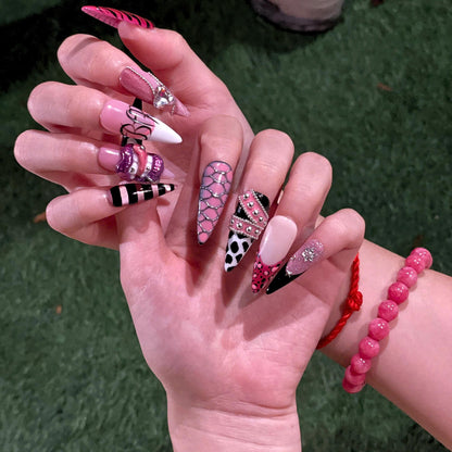 Y2K Pink Black Press On Nails • Coquette Baddie Nail Set • Zebra Web Star Glam Nails • Handmade 3D Statement Nails • JB436UG