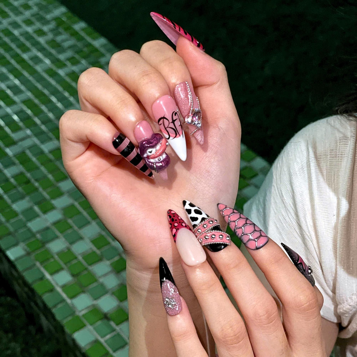 Y2K Pink Black Press On Nails • Coquette Baddie Nail Set • Zebra Web Star Glam Nails • Handmade 3D Statement Nails • JB436UG
