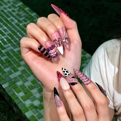 Y2K Pink Black Press On Nails • Coquette Baddie Nail Set • Zebra Web Star Glam Nails • Handmade 3D Statement Nails • JB436UG