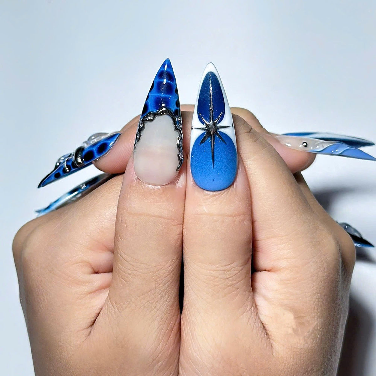 Blue Ocean Press On Nails, Jellyfish Nails, 3D Floral Nails, Navy Blue Aura Nails, Mermaid Press On Nails, Luxury Ocean Nail Art , JC453UC