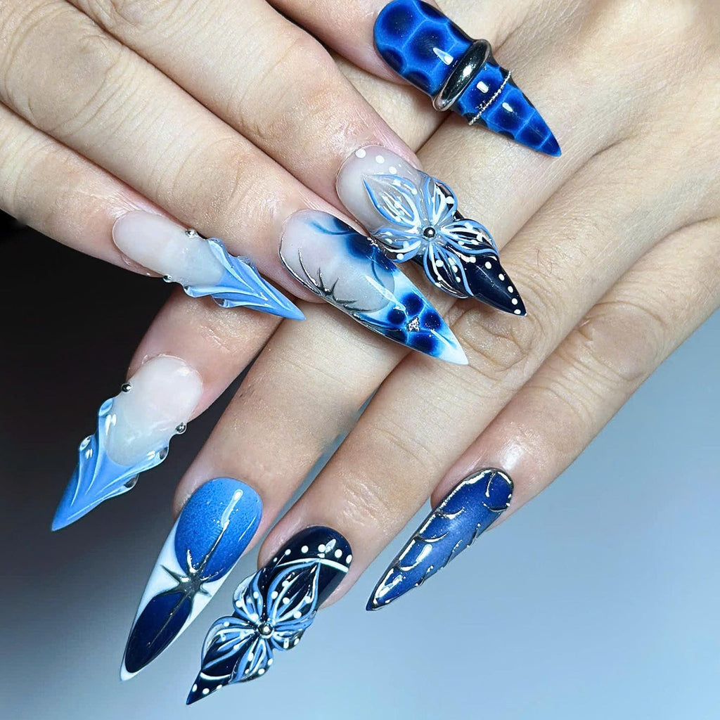 Blue Ocean Press On Nails, Jellyfish Nails, 3D Floral Nails, Navy Blue Aura Nails, Mermaid Press On Nails, Luxury Ocean Nail Art , JC453UC