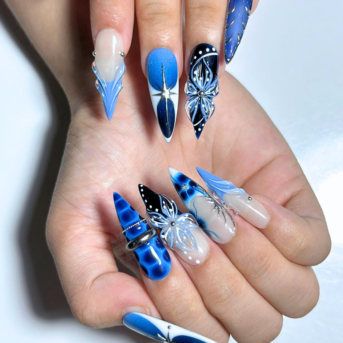 Blue Ocean Press On Nails, Jellyfish Nails, 3D Floral Nails, Navy Blue Aura Nails, Mermaid Press On Nails, Luxury Ocean Nail Art , JC453UC