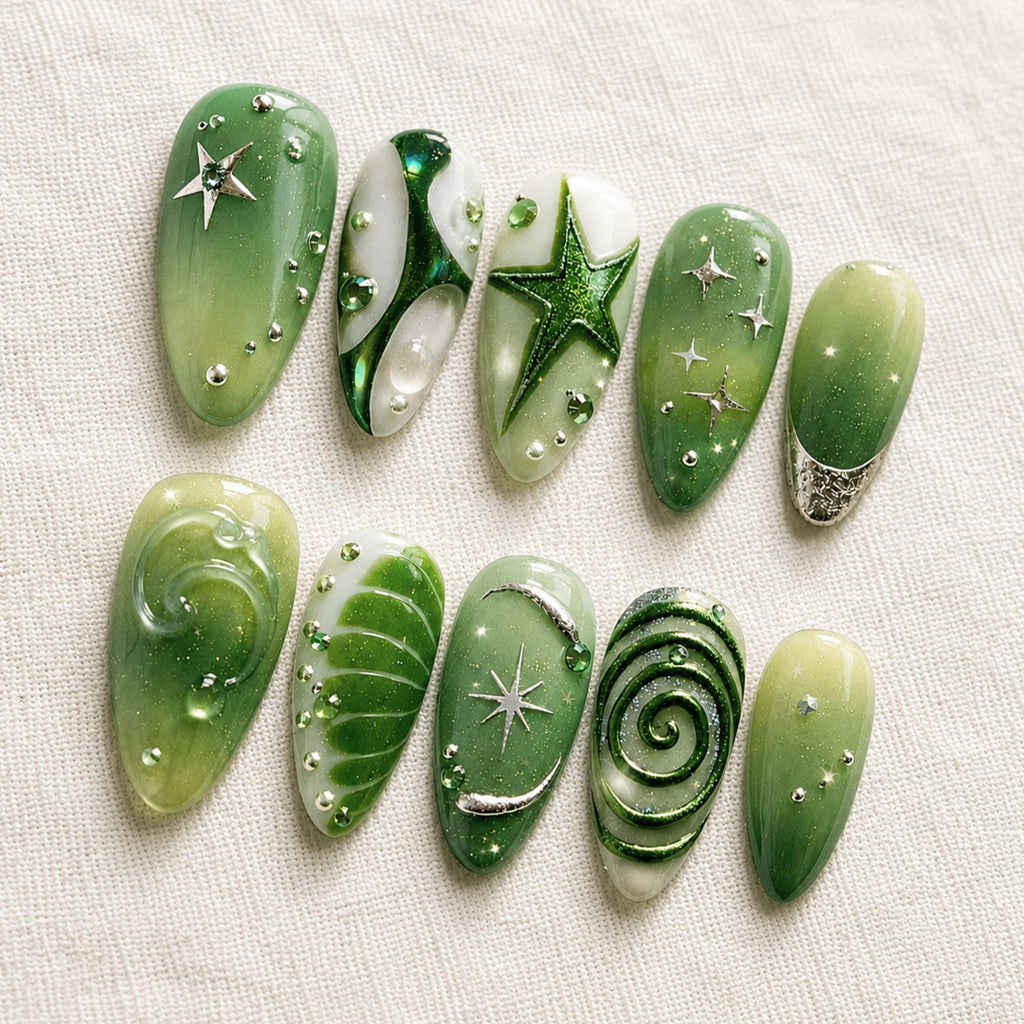 Sage Green Press On Nails, 3D Star Celestial Chrome Set