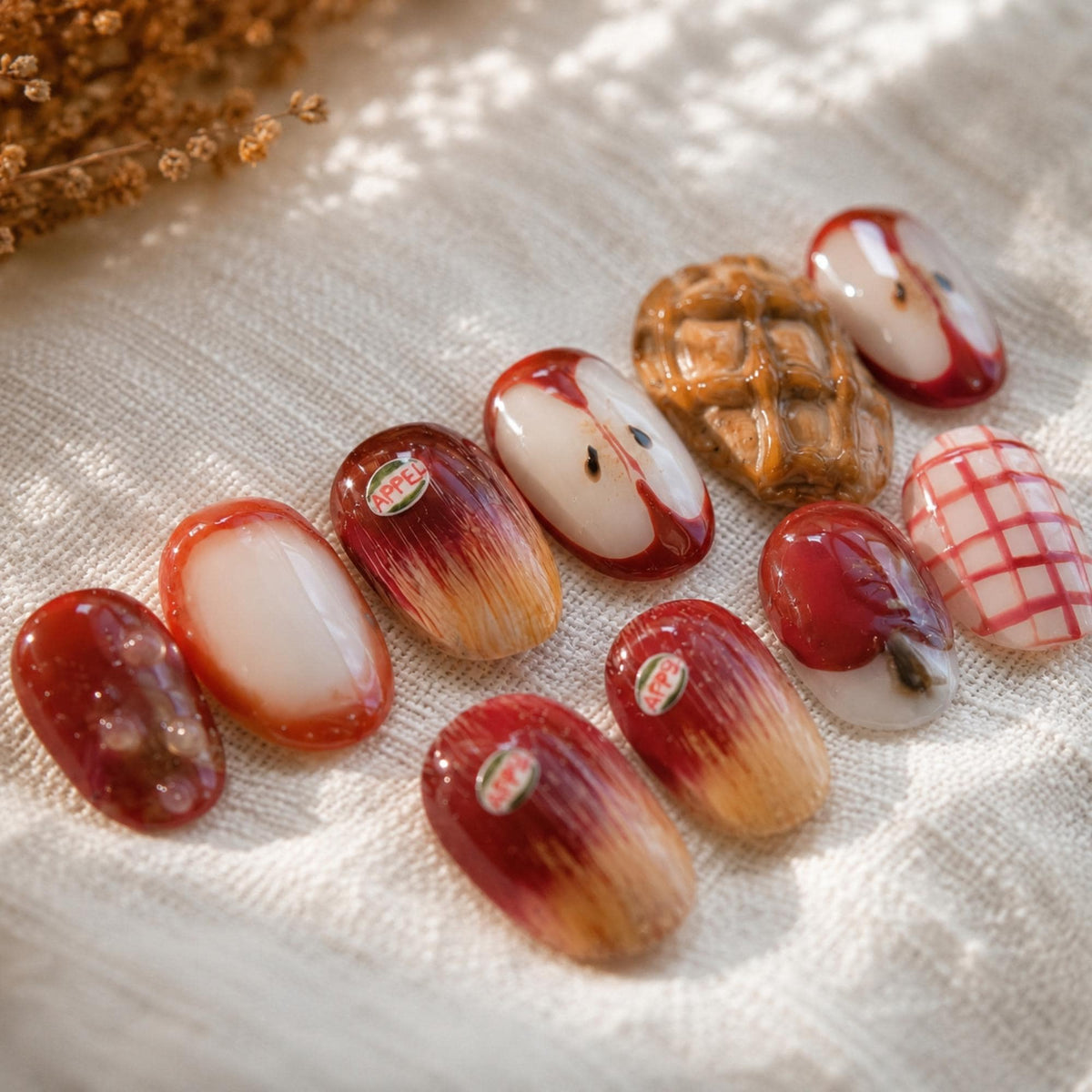 3D Apple Press On Nails, Fall Handmade Fruit Nail Set, Cottagecore Nail Art