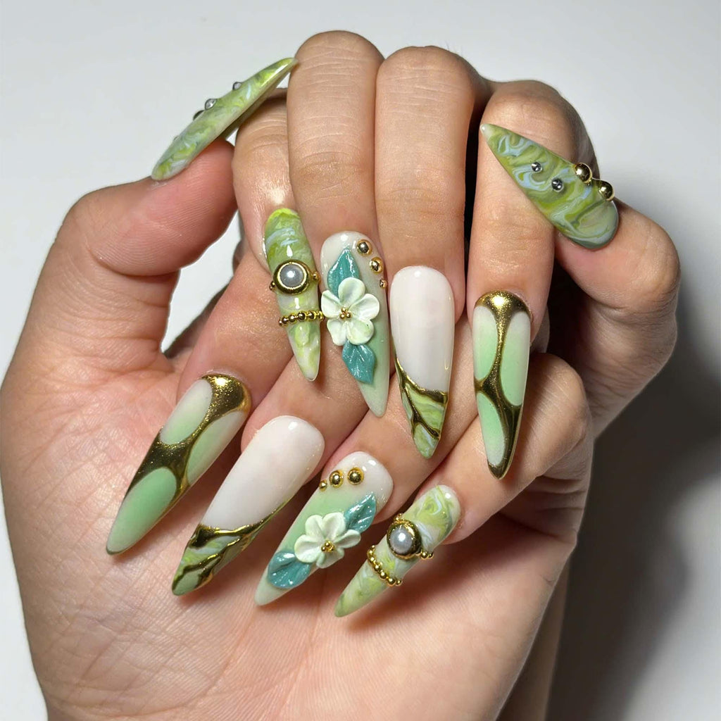Green Marble Press On Nails | Botanical 3D Flower Nail Set | Gold Chrome Pearl Nails | Nature Inspired Luxury Nails | JC454JC